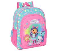 SAFTA | Mochila Escolar Junior Gabby’s Dollhouse Confetti Adaptable a Carro (Sin Carro), Ergonómica y Acolchada, Bolsillo Frontal, Doble Cremallera, Portabotellas, Rosa y Turquesa, Medidas 32x12x38 cm