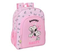 Safta | Mochila Escolar Junior Snoopy Adaptable a Carro, Ergonómica y Acolchada, Doble Tirador en Cremallera, Bolsillo Frontal Grande y Laterales Portabotellas, Rosa a Rayas, Medidas 32x12x38 cm