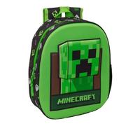 Safta | Mochila Escolar Minecraft 3D Termoconformada, Diseño Creeper Verde y Negro, Hombreras Acolchadas Ergonómicas, Bolsillo Lateral Portabotellas, Asa Superior, Vuelta al Cole, Medidas 27x10x33 cm