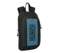 Safta | Mochila Escolar Mini Munich con Cremallera Vertical, Espalda y Hombreras Ergonómicas Acolchadas, Bolsillo Frontal Vertical, Asa Superior, Uso Diario, Negra con Panel Azul, Medidas 22x10x39 cm