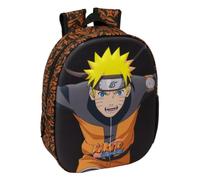 Safta - Mochila Escolar Naruto con Frontal 3D Termoconformado, Infantil y Juvenil, Hombreras Acolchadas Ergonómicas, Bolsillo Lateral Portabotellas, Asa Superior, Negra y Naranja, Medidas 27x10x33 cm