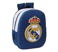 Safta | Mochila Escolar Real Madrid 3D, Frontal Termoconformado en Relieve, Hombreras Acolchadas Ergonómicas, Bolsillo Lateral Portabotellas, Tarjeta Identificación, Asa Superior, Medidas 27x10x33 cm