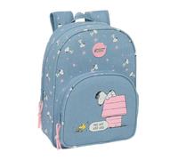 Safta | Mochila Escolar Snoopy Adaptable a Carro, Hombreras Ergonómicas y Acolchadas, Bolsillo Frontal Gran Formato y Portabotellas, Infantil Vuelta al Cole, Azul con Estampado, Medidas 26x11x34 cm