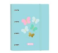 Safta MOOS BUTTERFLIES - Carpeta 4 Anillas de 35 cm con 100 Hojas A4, Ideal para Niños de Diferentes Edades, Cómoda y Versátil, Calidad y Resistencia, 27x3.5x32 cm, Color Azul Claro