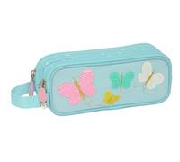 Safta Moos Butterflies - Portatodo Doble, Tejido Reciclable, Estuche Infantil, Estuche Niño, Ideal para Niños en Edad Escolar, Cómodo y Versátil, Calidad y Resistencia, 21x6x8 cm, Color Azul Claro