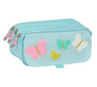 Safta MOOS BUTTERFLIES - Portatodo Triple Big Reciclado, Estuche Infantil, Estuche Niño, Ideal para Niños en Edad Escolar, Cómodo y Versátil, Calidad y Resistencia, 21.5x8x10 cm, Color Azul Claro