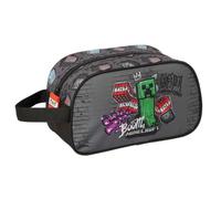 SAFTA | Neceser Escolar Minecraft Graffiti Adaptable a Carro, 1 Asa Lateral de Mano, Compartimento con Cremallera, Diseño Grafiti con Creeper y TNT, Bolsa de Aseo Escolar, Medidas 26x12x15 cm