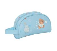 SAFTA | Neceser Preescolar Real Madrid Adaptable a Carro, Organizador Escolar Infantil Azul Celeste con Escudo y Osito, Asa Lateral, Bolsa de Aseo Escolar, Medidas 26x9x16 cm