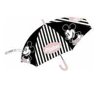Safta | Paraguas Automático Disney Mickey Mouse, 48,5 cm, Apertura Automática, Infantil y Escolar, Diseño Rayas Blanco y Negro con Detalles Rosa, Mango Curvo, Resistente para Lluvia