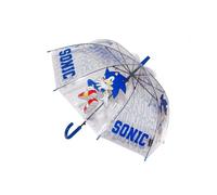Safta | Paraguas Automático Sonic The Hedgehog, 48 cm, Transparente con Diseño Sonic y Letras, Varillas Resistentes, Mango Curvo Azul, Apertura Rápida, Infantil y Escolar, Medidas 48,5 cm