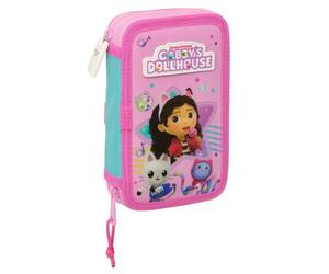 Safta | Plumier Doble Pequeño Gabbys Dollhouse Party 28 Piezas, Estuche Escolar Infantil con 2 Compartimentos y Cremallera, Incluye Rotuladores, Lápices, Bolígrafo, Medidas 12,5x4x19,5 cm