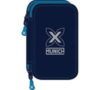 Safta | Plumier Doble Pequeño Munich Nautic 28 Piezas, Estuche Escolar Organizador con 2 Compartimentos y Cremallera, Incluye Rotuladores, Colorines, Bolígrafo, Lápiz, Medidas 12,5x4x19,5 cm