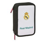 Safta | Plumier Doble Real Madrid Equipación 26/27 29 Piezas, Estuche Escolar Infantil con 2 Compartimentos y Cremallera, Incluye Lápices de Colores, Rotuladores, Niño y Niña, Medidas 12.5x4x19.5 cm