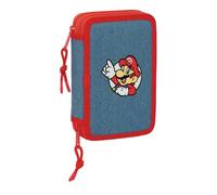 Safta | Plumier Doble Super Mario 29 Piezas, Estuche Escolar Infantil con 2 Compartimentos y Cremallera, Incluye Rotuladores, Colorines, Bolígrafo Azul-Rojo, Lápiz, Medidas 12,5x4x19,5 cm