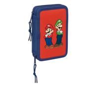 Safta | Plumier Doble Super Mario Bros Mamma MIA 29 Piezas, Estuche Escolar Infantil con 2 Compartimentos y Cremallera, 12,5x4x19,5 cm, Incluye Rotuladores, Lápices y Bolígrafo