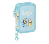 Safta | Plumier Triple Bluey Ready 37 Piezas, Estuche Escolar Infantil con 3 Compartimentos y Cremallera, Incluye 16 Lápices de Colores, 14 Rotuladores, Regla y Semicírculo, Medidas 12,5x5,5x19,5 cm