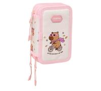 Safta | Plumier Triple Capibara 37 Piezas, Estuche Escolar Organizador con 3 Compartimentos y Cremallera, Incluye Rotuladores, 16 Lápices, Regla y Semicírculo, Rosa, Medidas 12,5x5,5x19,5 cm