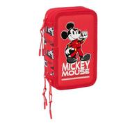 Safta | Plumier Triple Disney Mickey & Friends Racing 37 Piezas, Estuche Escolar Infantil con 3 Compartimentos y Cremallera, Incluye Rotuladores, 16 Lápices, Medidas 12,5x5,5x19,5 cm