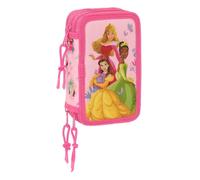 Safta | Plumier Triple Disney Princesas 37 Piezas, Estuche Escolar Organizador con 3 Compartimentos y Cremallera, Incluye Rotuladores, 16 Lápices de Colores, Medidas 12,5x5,5x19,5 cm