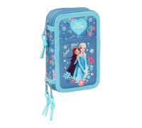 Safta | Plumier Triple Frozen Disney 37 Piezas, Estuche Escolar Organizador con 3 Compartimentos y Cremallera, Incluye Lápiz, Bolígrafos, 16 Colorines, 14 Rotuladores, Medidas 12,5x5,5x19,5 cm