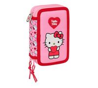 Safta | Plumier Triple Hello Kitty 37 Piezas, Estuche Escolar Infantil con 3 Compartimentos y Cremallera, Incluye 16 Lápices de Colores, 14 Rotuladores, Regla y Semicírculo, Medidas 12,5x5,5x19,5 cm