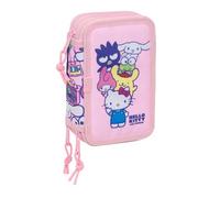 Safta | Plumier Triple Hello Kitty & Friends 37 Piezas, Estuche Escolar Infantil con 3 Compartimentos y Cremalleras, Incluye 16 Lápices de Colores, 14 Rotuladores, Medidas 12,5x5,5x19,5 cm