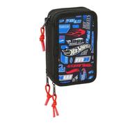 Safta | Plumier Triple Hot Wheels 37 Piezas, Estuche Escolar Infantil con 3 Compartimentos y Cremallera, Incluye Rotuladores, 16 Lápices de Colores, Regla y Semicírculo, Medidas 12,5x5,5x19,5 cm