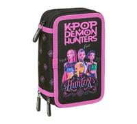 Safta | Plumier Triple K-Pop Demon Hunters 37 Piezas, Estuche Escolar Organizador con 3 Compartimentos y Cremallera, Incluye Rotuladores, 16 Lápices, Regla y Semicírculo, Medidas 12,5x5,5x19,5 cm