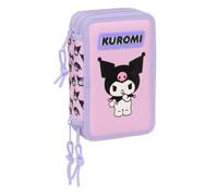 Safta | Plumier Triple Kuromi 37 Piezas, Estuche Escolar Organizador con 3 Compartimentos y Cremallera, Incluye Rotuladores, 16 Lápices de Colores, Regla y Semicírculo, Medidas 12,5x5,5x19,5 cm