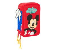 Safta | Plumier Triple Mickey Mouse Good Day 37 Piezas, Portatodo Escolar Infantil con 3 Compartimentos y Cremallera, Incluye Rotuladores, Medidas 12,5x5,5x19,5 cm, Estuche Escolar 3 Compartimentos