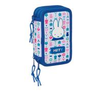 Safta | Plumier Triple Miffy Bunny 37 Piezas, Estuche Escolar Organizador con 3 Compartimentos y Cremallera, Incluye Rotuladores, 16 Lápices de Colores, Regla y Semicírculo, Medidas 12,5x5,5x19,5 cm