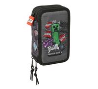 Safta | Plumier Triple Minecraft Graffiti 37 Piezas, Estuche Escolar Organizador con 3 Compartimentos y Cremallera, Incluye 16 Lápices de Colores, 14 Rotuladores, Medidas 12,5x5,5x19,5 cm