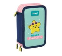 Safta | Plumier Triple Mr. Wonderful Estrella 37 Piezas, Estuche Escolar Organizador con 3 Compartimentos y Cremallera, Incluye 16 Lápices de Colores, 14 Rotuladores, Medidas 12,5x5,5x19,5 cm