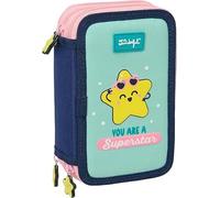 Safta - Plumier Triple Mr. Wonderful Estrella 37 Piezas, Estuche Escolar Organizador con 3 Compartimentos y Cremallera, Incluye 16 Lápices de Colores, 14 Rotuladores, Medidas 12,5x5,5x19,5 cm