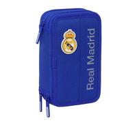 Safta | Plumier Triple Real Madrid 37 Piezas, Estuche Escolar Organizador con 3 Compartimentos y Cremallera, Incluye 16 Lápices de Colores, 14 Rotuladores, Medidas 12,5x5,5x19,5 cm