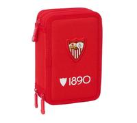 Safta | Plumier Triple Sevilla FC 37 Piezas, Estuche Escolar Organizador con 3 Compartimentos y Cremallera, Incluye Lápiz, Bolígrafo Azul-Rojo, Regla, Semicírculo, Medidas 12,5x5,5x19,5 cm