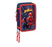 Safta | Plumier Triple Spider-Man 37 Piezas, Estuche Escolar Infantil con 3 Compartimentos y Cremallera, Incluye Rotuladores, 16 Lápices de Colores, Regla y Semicírculo, Medidas 12,5x5,5x19,5 cm