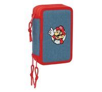 Safta | Plumier Triple Super Mario 37 Piezas, Portatodo Escolar con 3 Compartimentos y Cremalleras, Incluye 16 Lápices de Colores, Medidas 12,5x5,5x19,5 cm, Estuche Escolar 3 Compartimentos