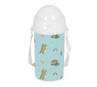 SAFTA PREESCOLAR DINOS - Botella de Apertura Automática, con Pajita, Botella de Agua, Sin BPA, con Bandolera, Cómoda y Ligera, 500 ml, 7.3x19.5 cm