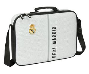 Safta REAL MADRID 1ª EQUIPACIÓN 24/25 - Cartera Extraescolares, Maletín Portatodo, Bandolera, Cómoda y Versátil, Calidad y Resistencia, 38x6x28 cm, Color Blanco/gris