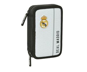 SAFTA Real Madrid 1ª EQUIPACIÓN 24/25 - Estuche Escolar Niño, Estuche con Colores, con 28 Útiles Incluidos, Ideal para Niños de 5 a 14 Años, Cómodo y Versátil, 12.5x4x19.5 cm, Color Blanco/Gris