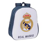 Safta - REAL MADRID - Mochila Escolar, con Diseño 3D, Adaptable a Carro, Ideal para Niños de Diferentes Edades, Cómoda y Versátil, Calidad y Resistencia, 27x10x33 cm, Color Blanco/Azul Marino
