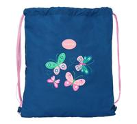 Safta | Saco Deportivo Plano Blackfit8 Mariposas, Mochila Escolar de Cuerdas Infantil, Bolsillo Interior con Cremallera, Ligero y Resistente, Azul Marino con Cordones Rosa, Medidas 35x1x40 cm