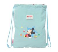 Safta | Saco Deportivo Plano Junior Disney Mickey Mouse Baby, Mochila Escolar de Cuerdas Infantil, Cierre Anti-Estrangulamiento, Bolsillo Interior con Cremallera, Color Azul Claro, Medidas 26x1x34 cm