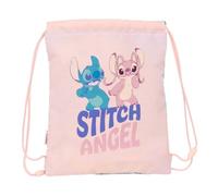 Safta | Saco Deportivo Plano Junior Stitch Ohana, Mochila Escolar Infantil con Cordones, Bolsillo Interior con Cremallera, Cierre de Seguridad Anti-Estrangulamiento, Rosa y Azul, Medidas 26x1x34 cm
