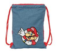 Safta | Saco Deportivo Plano Junior Super Mario, Mochila Escolar de Cuerdas Infantil, Bolsillo Interior con Cremallera, Cierre de Seguridad Anti-Estrangulamiento, Medidas 26x1x34 cm