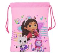 Safta | Saco Merienda Infantil Gabby’s Dollhouse Party, Saquito Escolar con Cierre de Cordón y Asa Tipo Mochila, Ligero y Resistente, Color Rosa con Estampado, Vuelta al Cole, Medidas 20x25 cm