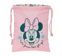 Safta | Saquito Merienda Disney Minnie Mouse Minty, Bolsa Escolar Infantil con Cierre de Cordón, Tejido Textil Ligero y Resistente, Color Rosa Menta con Estampado Floral, Medidas 20x25 cm