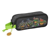 Safta Tortugas Ninja - Portatodo Doble Niño, Estuche Infantil, Estuche Niño, Ideal para Niños en Edad Escolar, Cómodo y Versátil, Calidad y Resistencia, 21x6x8 cm, Color Gris/Negro