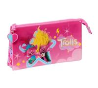 SAFTA Trolls 3 - Portatodo Triple, Estuche Infantil, Estuche Niño, Ideal para Niños en Edad Escolar, Cómodo y Versátil, Calidad y Resistencia, 22x3x12 cm, Color Rosa